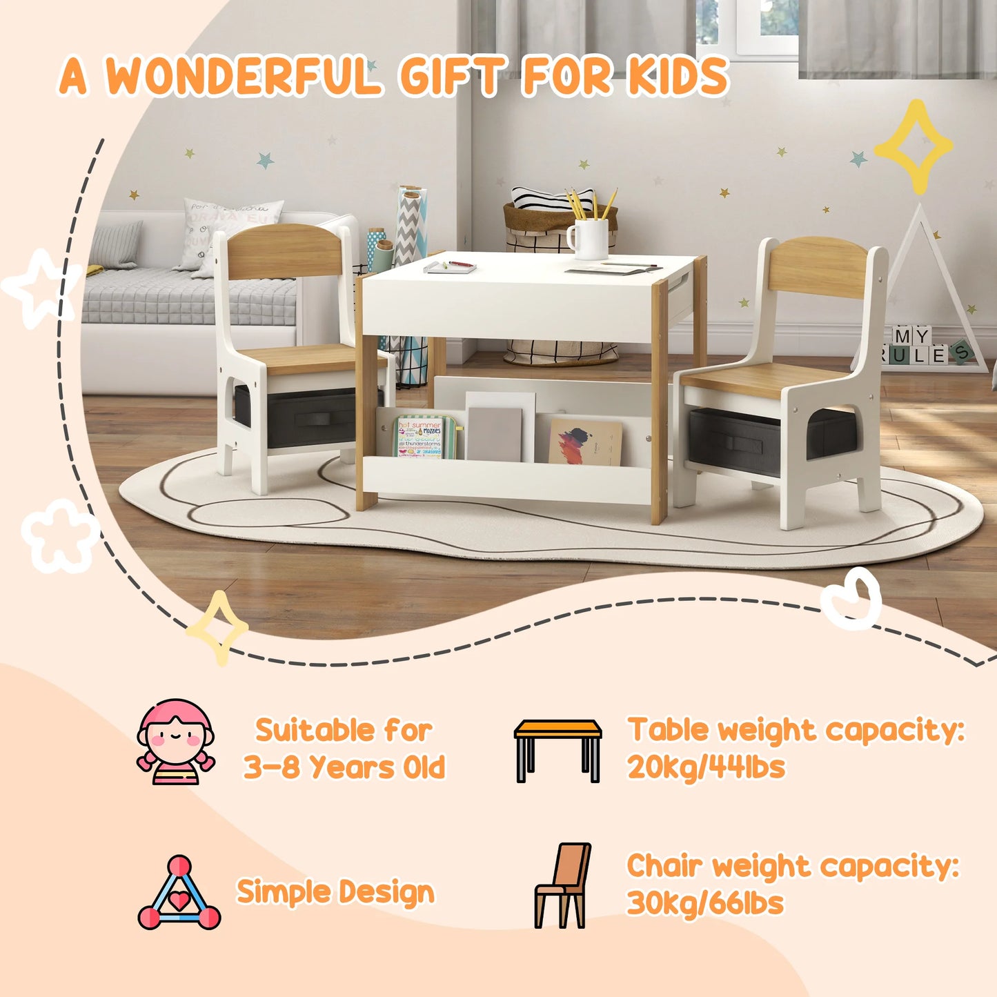 3PC Kids Table and Chair Set with Reversible Tabletop Blackboard