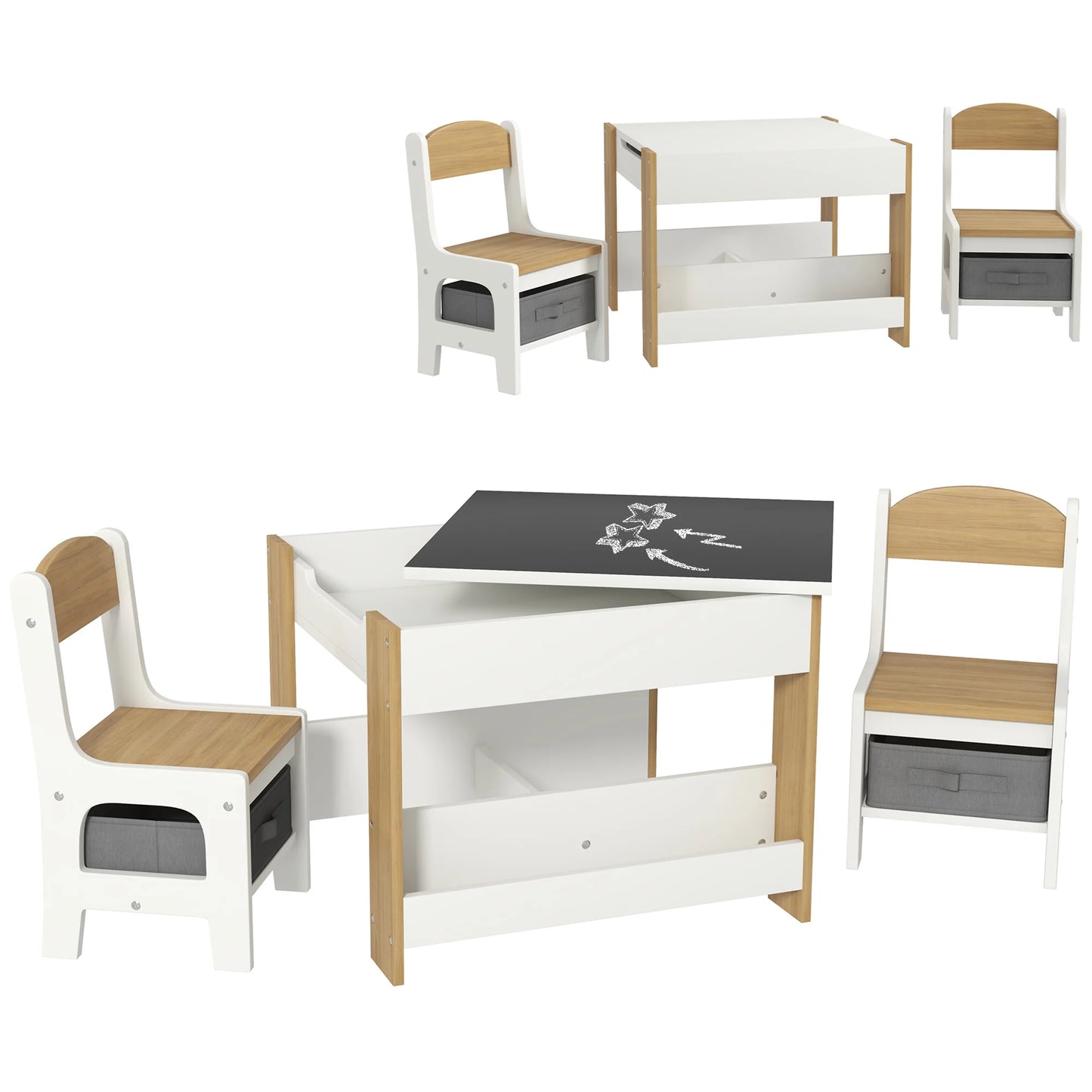 3PC Kids Table and Chair Set with Reversible Tabletop Blackboard