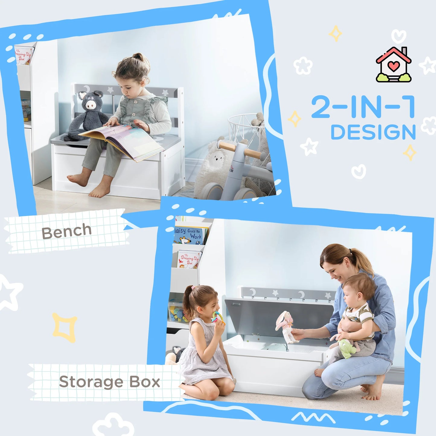 2-IN-1 Toy Chest, Kids Storage Bench with Safety Pneumatic Rod, Gray & White