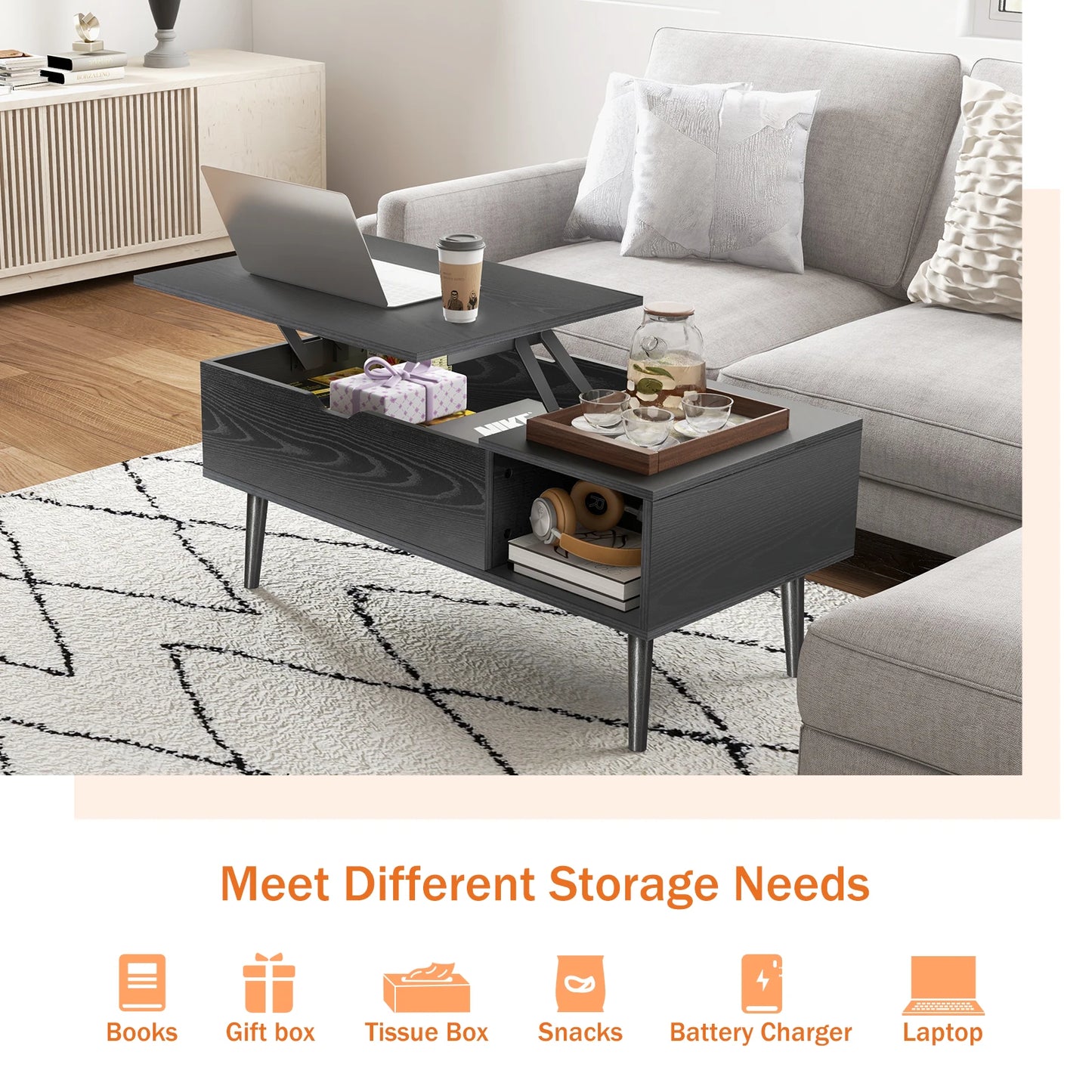 Lift Top Wooden Coffee Table (39.37"x19.7"), Easy Lift and Lower
