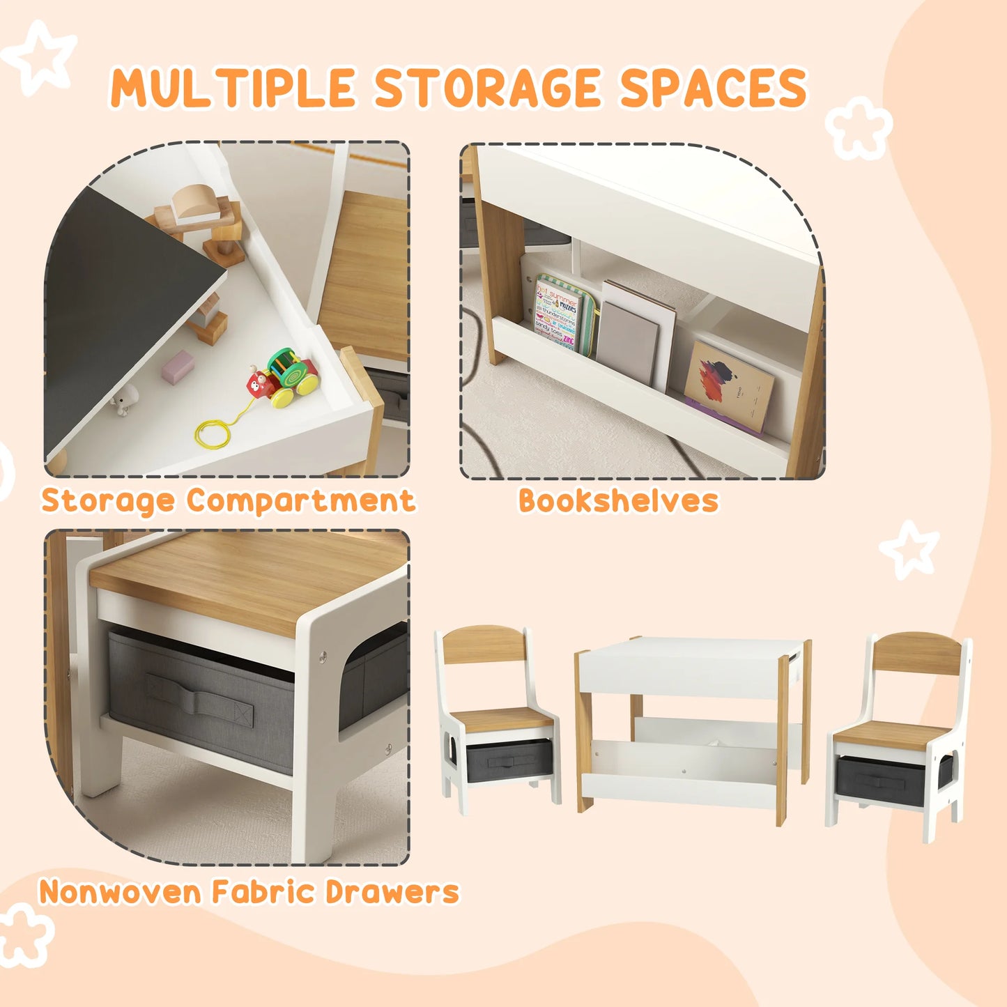 3PC Kids Table and Chair Set with Reversible Tabletop Blackboard