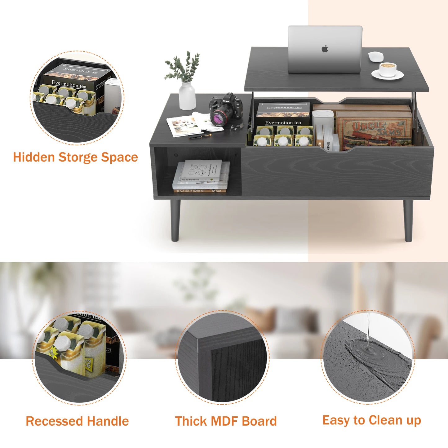 Lift Top Wooden Coffee Table (39.37"x19.7"), Easy Lift and Lower