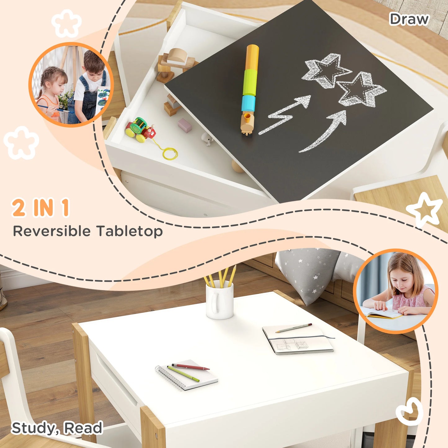 3PC Kids Table and Chair Set with Reversible Tabletop Blackboard