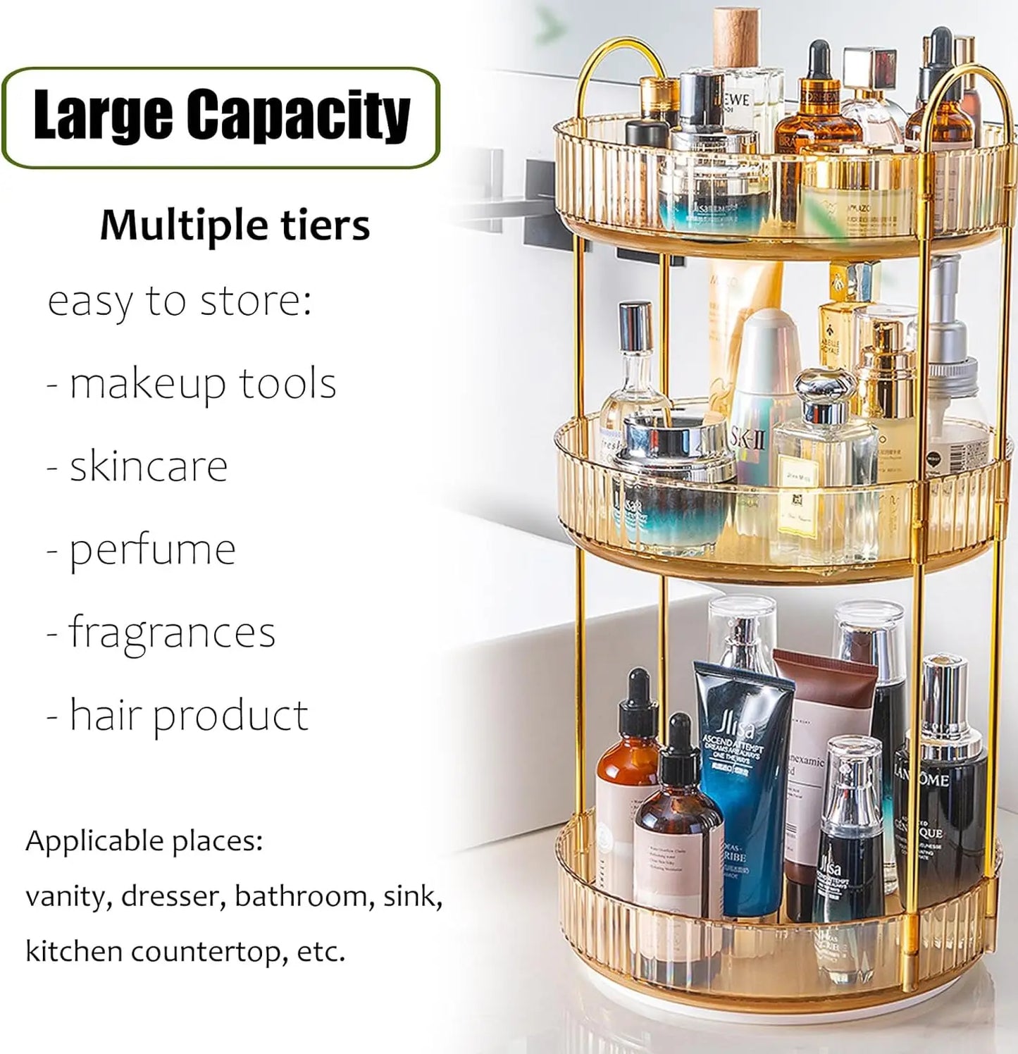 Rotating Makeup Organizer for Vanity, 3 Tier