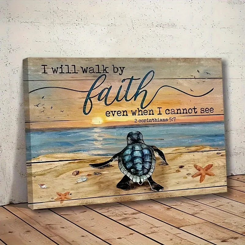 1PC Wood Framed Canvas Landscape, Turtle on Beach Painting - I Will Walk By Faith