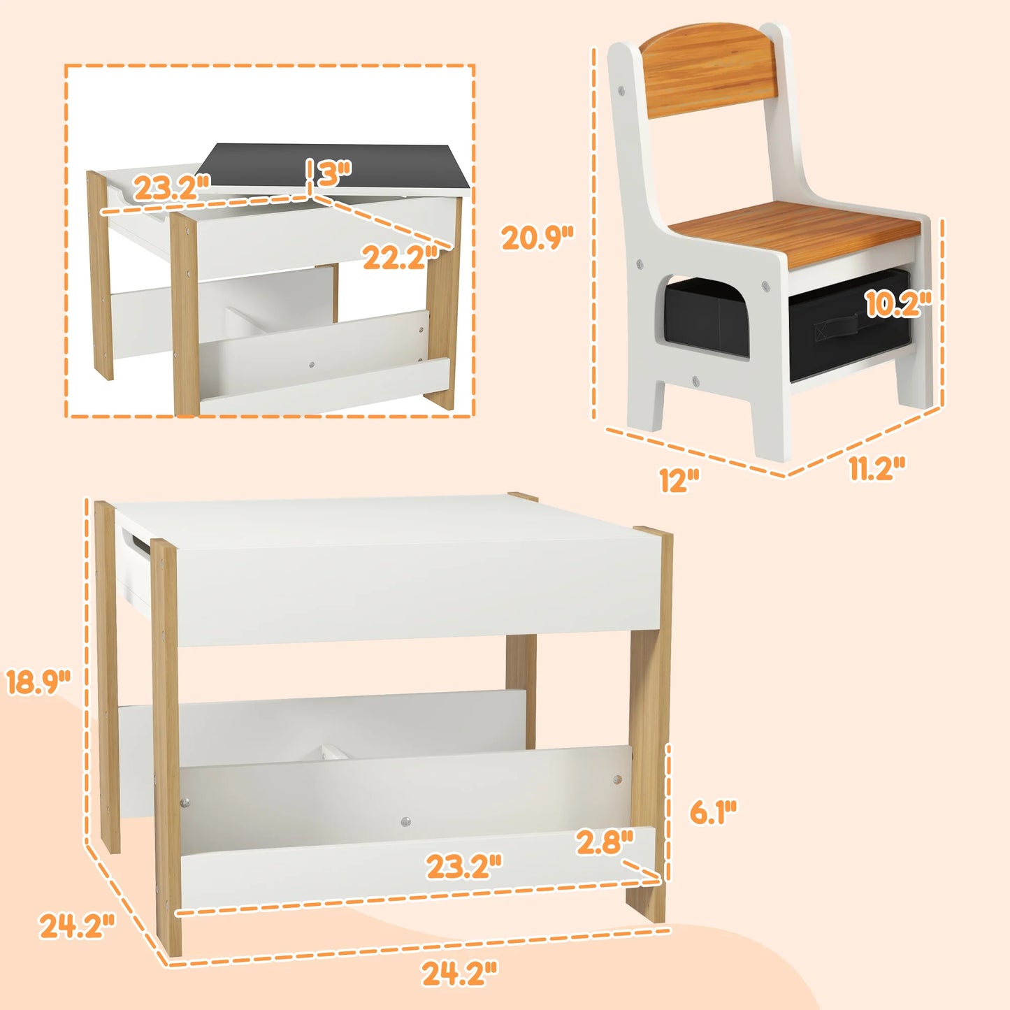3PC Kids Table and Chair Set with Reversible Tabletop Blackboard