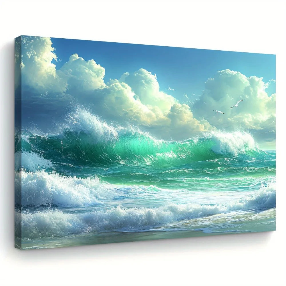 Canvas Wall Art with Vivid Blue Sky and Sea of Waves and Clouds