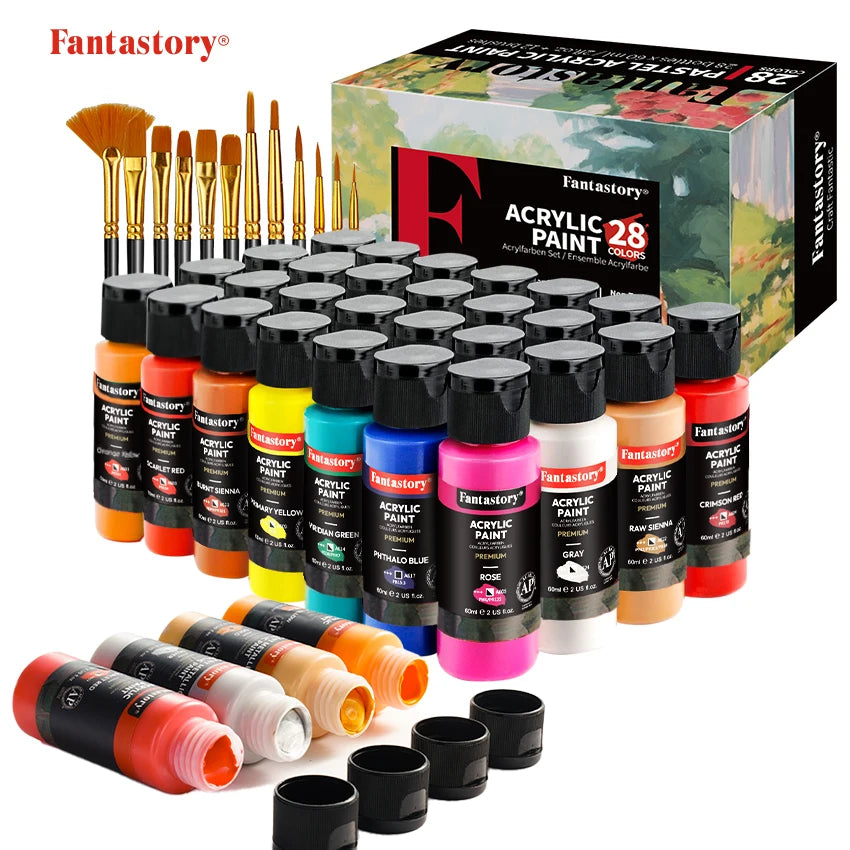 28 Classic Colors, Acrylic Paint Set with 12 Brushes