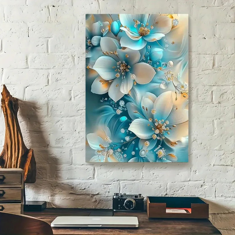 Elegant Framed Oil Painting with Serene Blue and White Flowers with Gold Accents