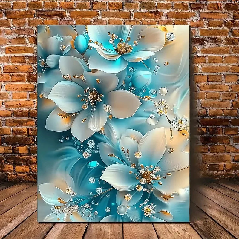 Elegant Framed Oil Painting with Serene Blue and White Flowers with Gold Accents