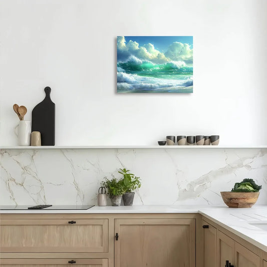 Canvas Wall Art with Vivid Blue Sky and Sea of Waves and Clouds