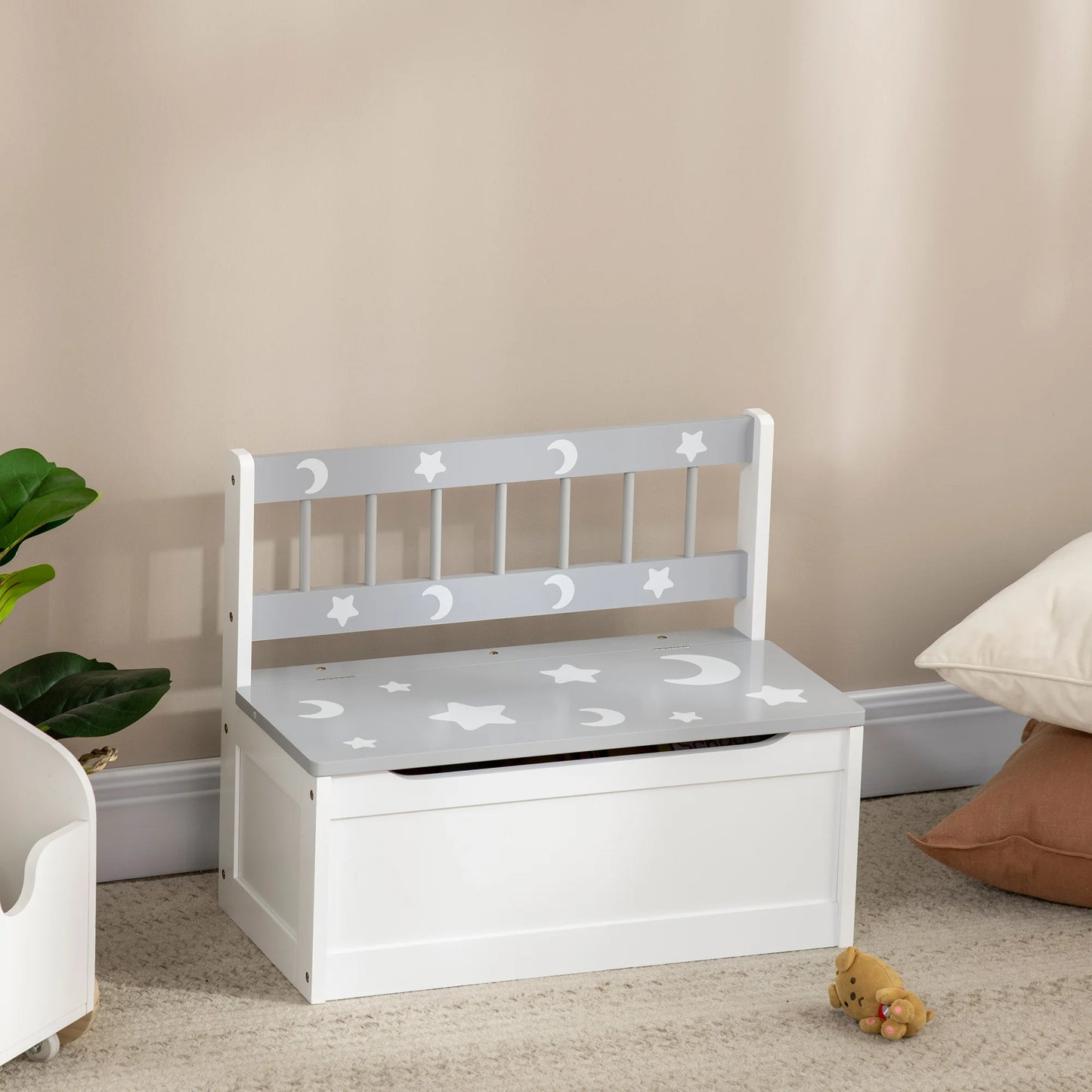 2-IN-1 Toy Chest, Kids Storage Bench with Safety Pneumatic Rod, Gray & White