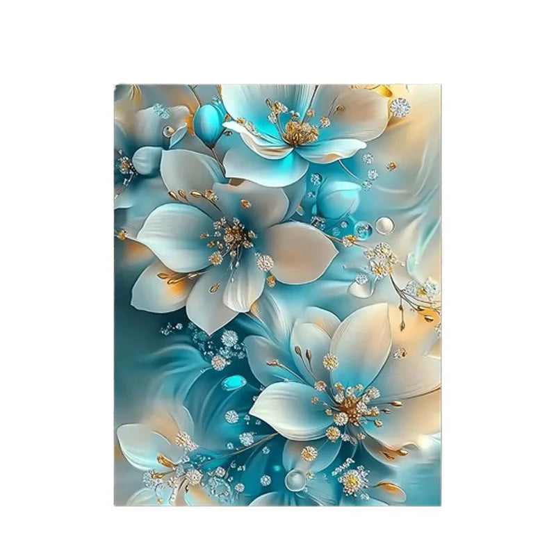 Elegant Framed Oil Painting with Serene Blue and White Flowers with Gold Accents