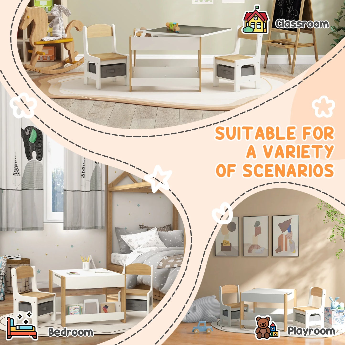 3PC Kids Table and Chair Set with Reversible Tabletop Blackboard