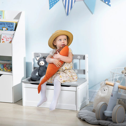 2-IN-1 Toy Chest, Kids Storage Bench with Safety Pneumatic Rod, Gray & White