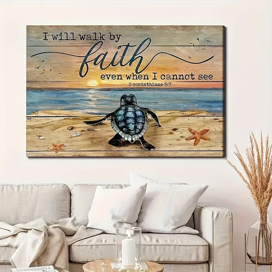 1PC Wood Framed Canvas Landscape, Turtle on Beach Painting - I Will Walk By Faith