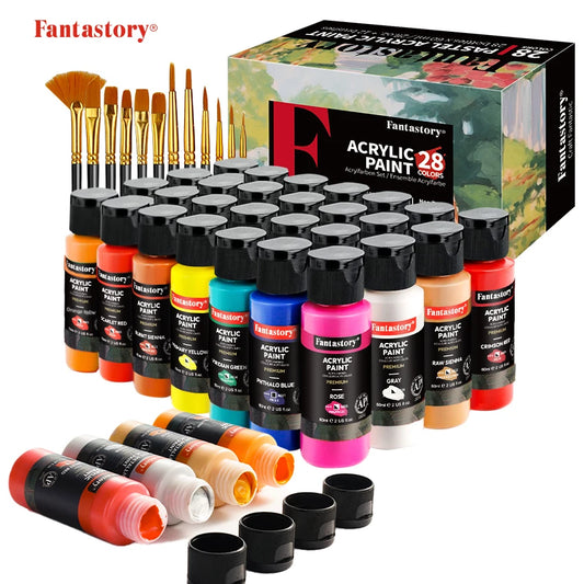 28 Classic Colors, Acrylic Paint Set with 12 Brushes