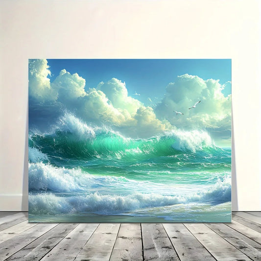 Canvas Wall Art with Vivid Blue Sky and Sea of Waves and Clouds