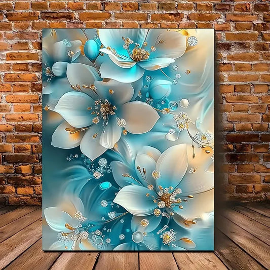 Elegant Framed Oil Painting with Serene Blue and White Flowers with Gold Accents