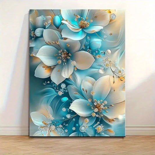 Elegant Framed Oil Painting with Serene Blue and White Flowers with Gold Accents